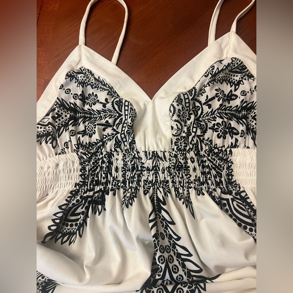 Boho Paisley Smocked Empire Waist MIDI Dress Black & White Size - Picture 4 of 6